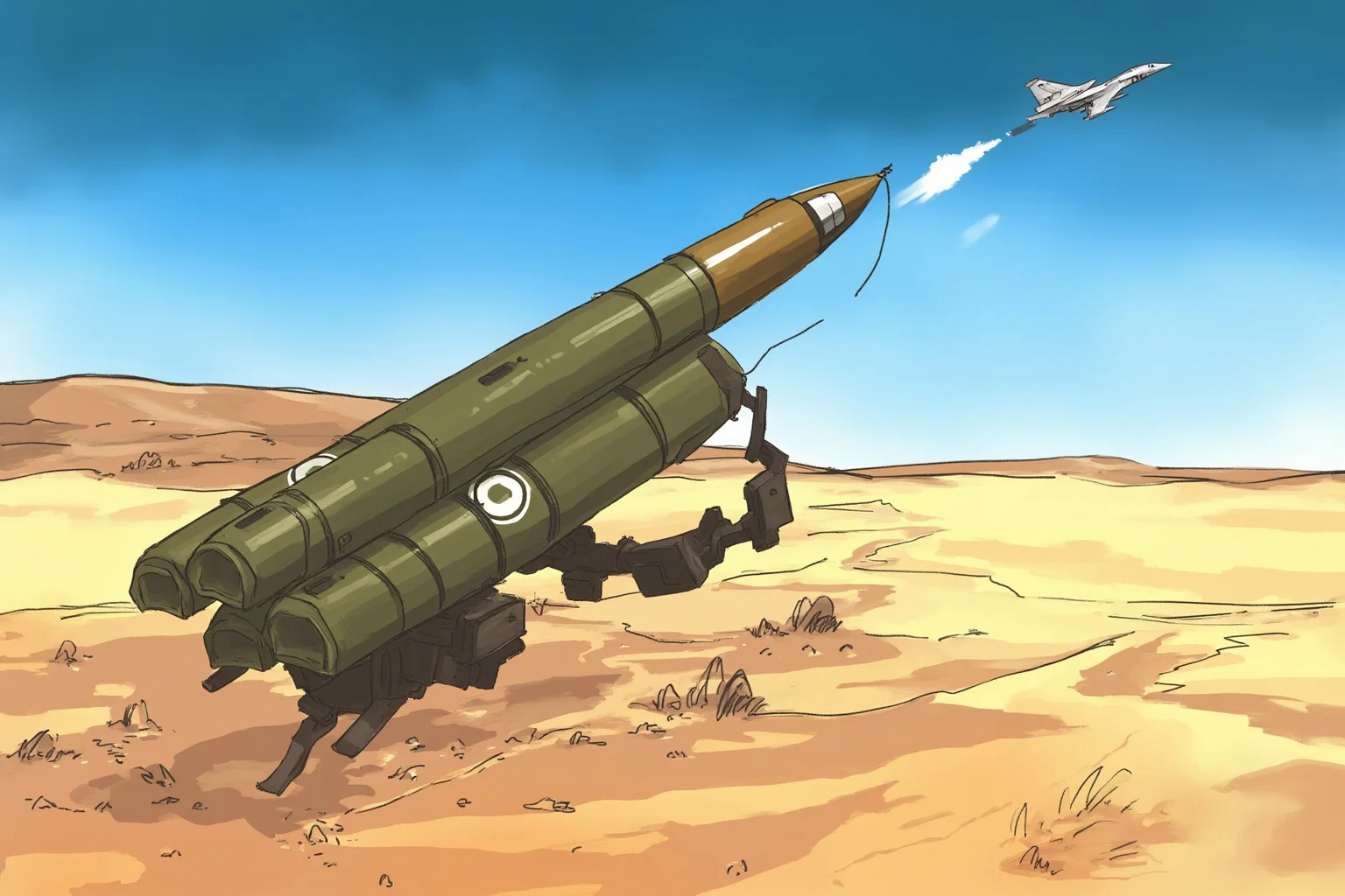 Memorable Moments Of Friendly Fire Throughout History 19 A missile defense battery illustrated against a desert sky with a jet contrail overhead, generic modern military art