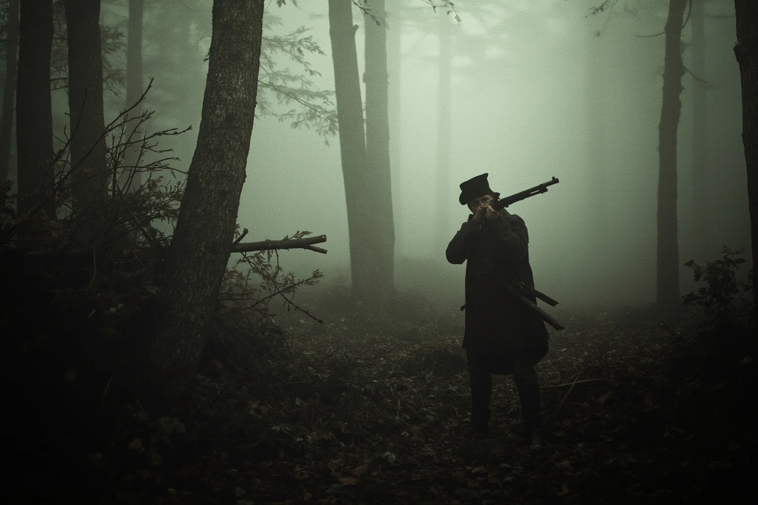A misty 18th-century French forest with a hunter aiming a musket, evoking the legend of the Beast of Gévaudan