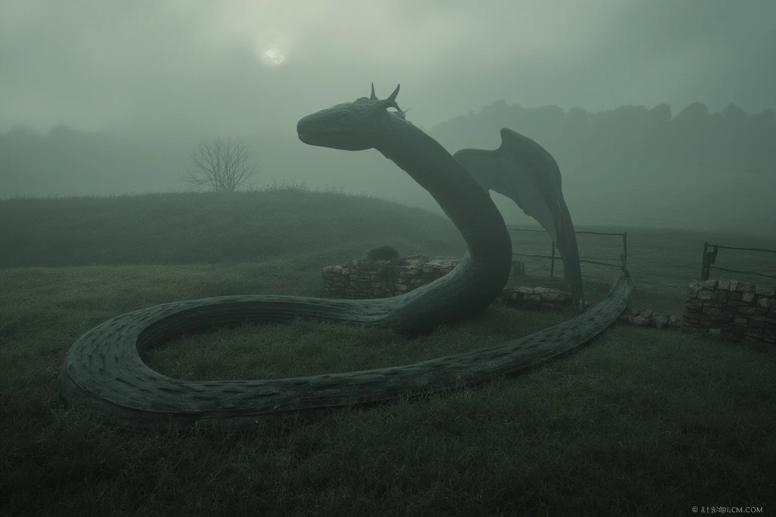 Famous Dragons Throughout History: Myths, Legends, and the Real Stories Behind Them 11 A misty English countryside illustration of a huge wingless serpent-like creature coiled near a well