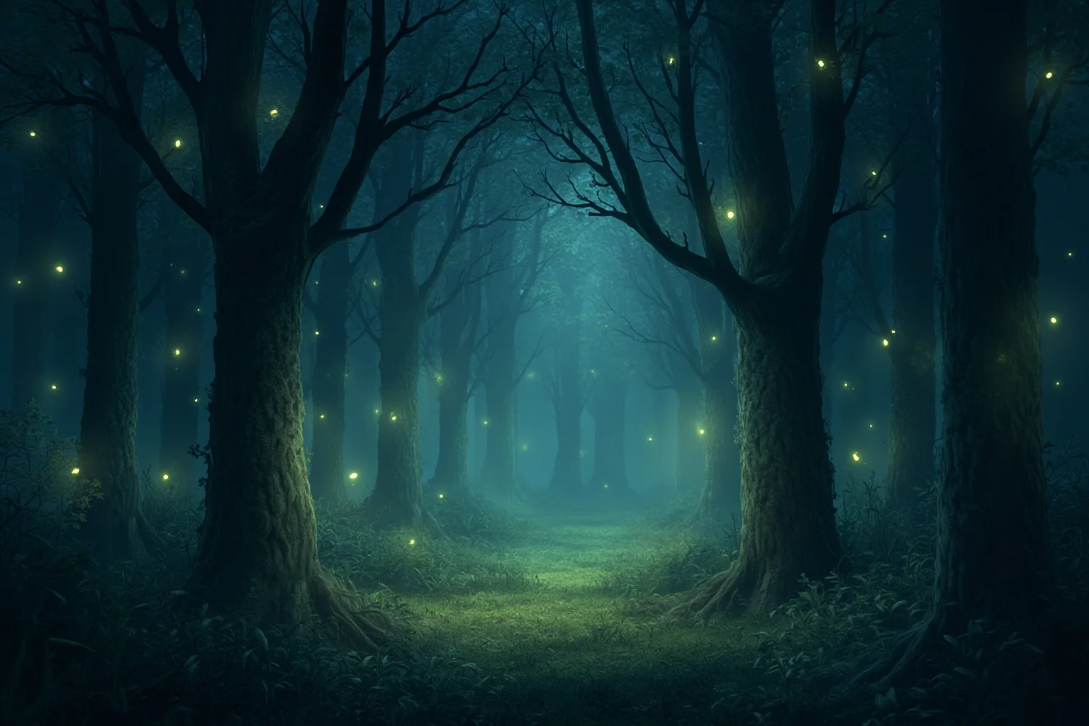 Familiars: The Long, Strange History of the Witch's Animal Companion 19 A misty forest glade with faint glowing fairy lights among the trees, folklore illustration