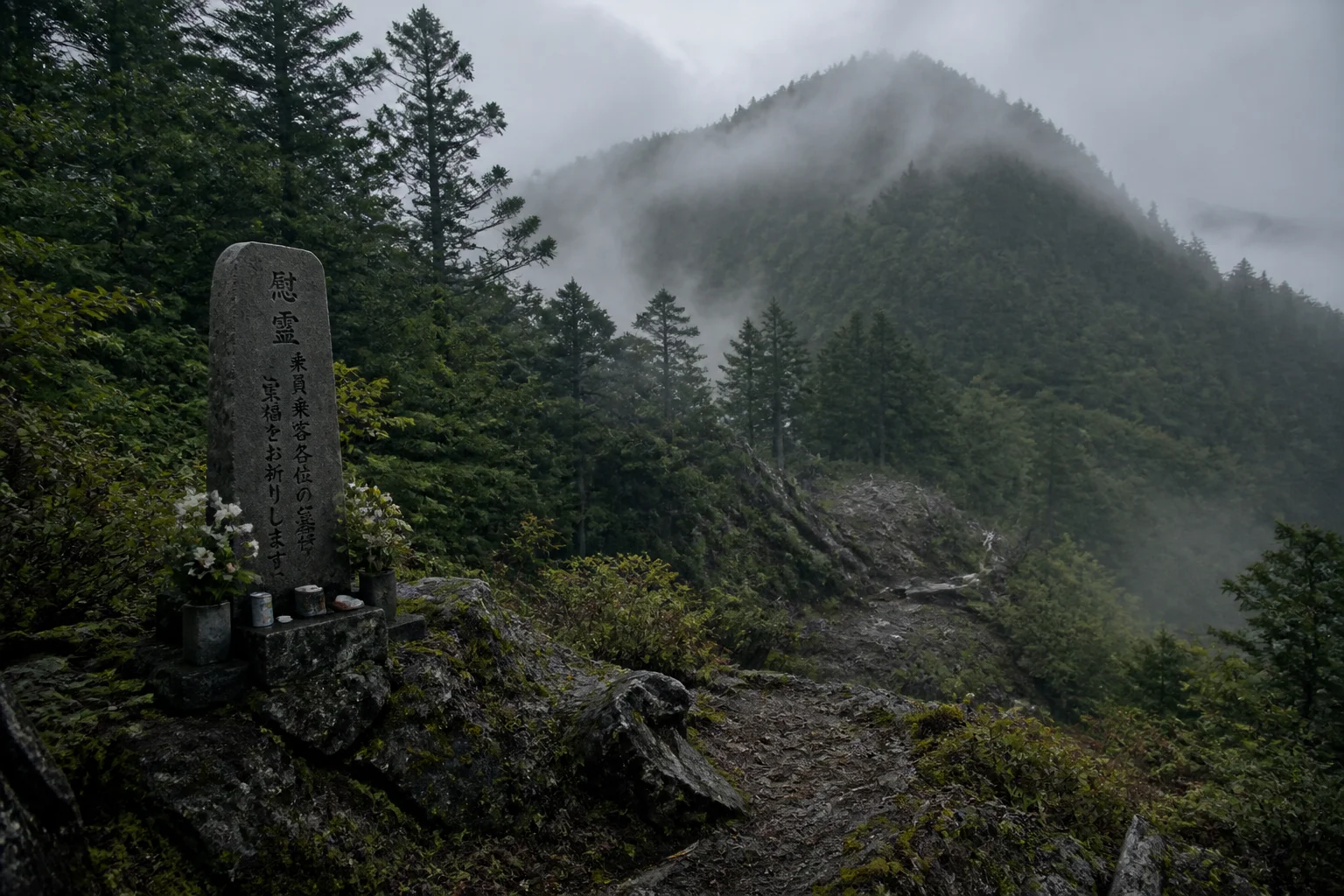 A misty, forested mountain ridge in rural Japan, symbolizing a remote crash site memorial
