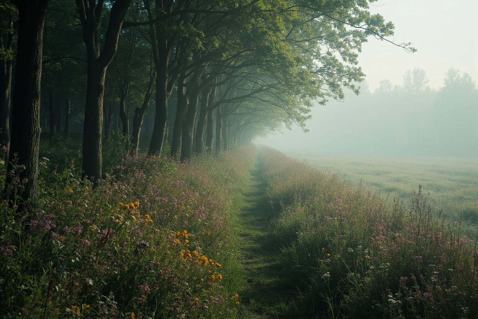 A misty French forest edge with wildflowers, evoking an 18th-century rural wilderness