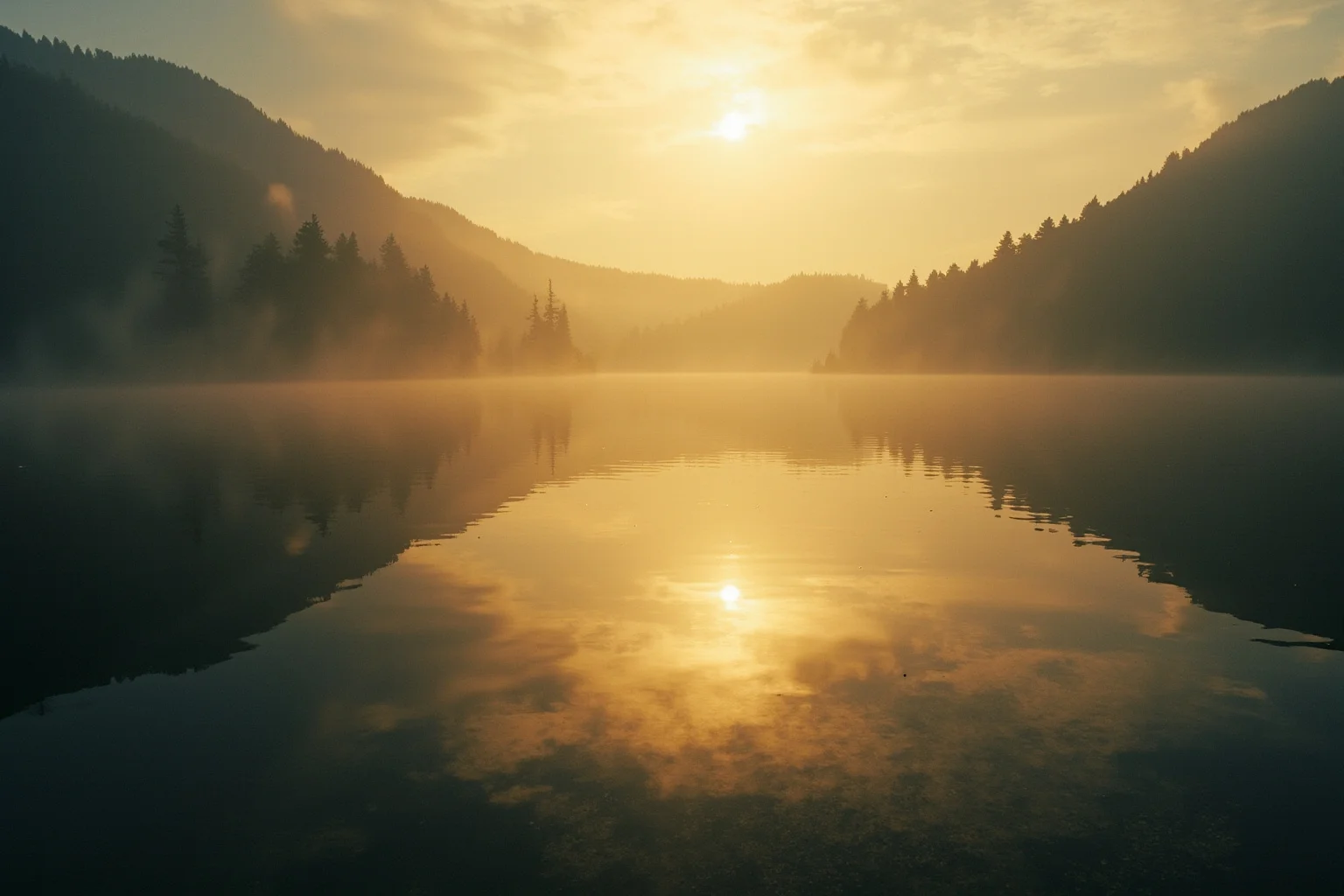 Missing Legendary Treasures That Are Yet to Be Found 3 A misty highland lake at dawn with faint golden light shimmering beneath the surface, evoking a lost golden city legend