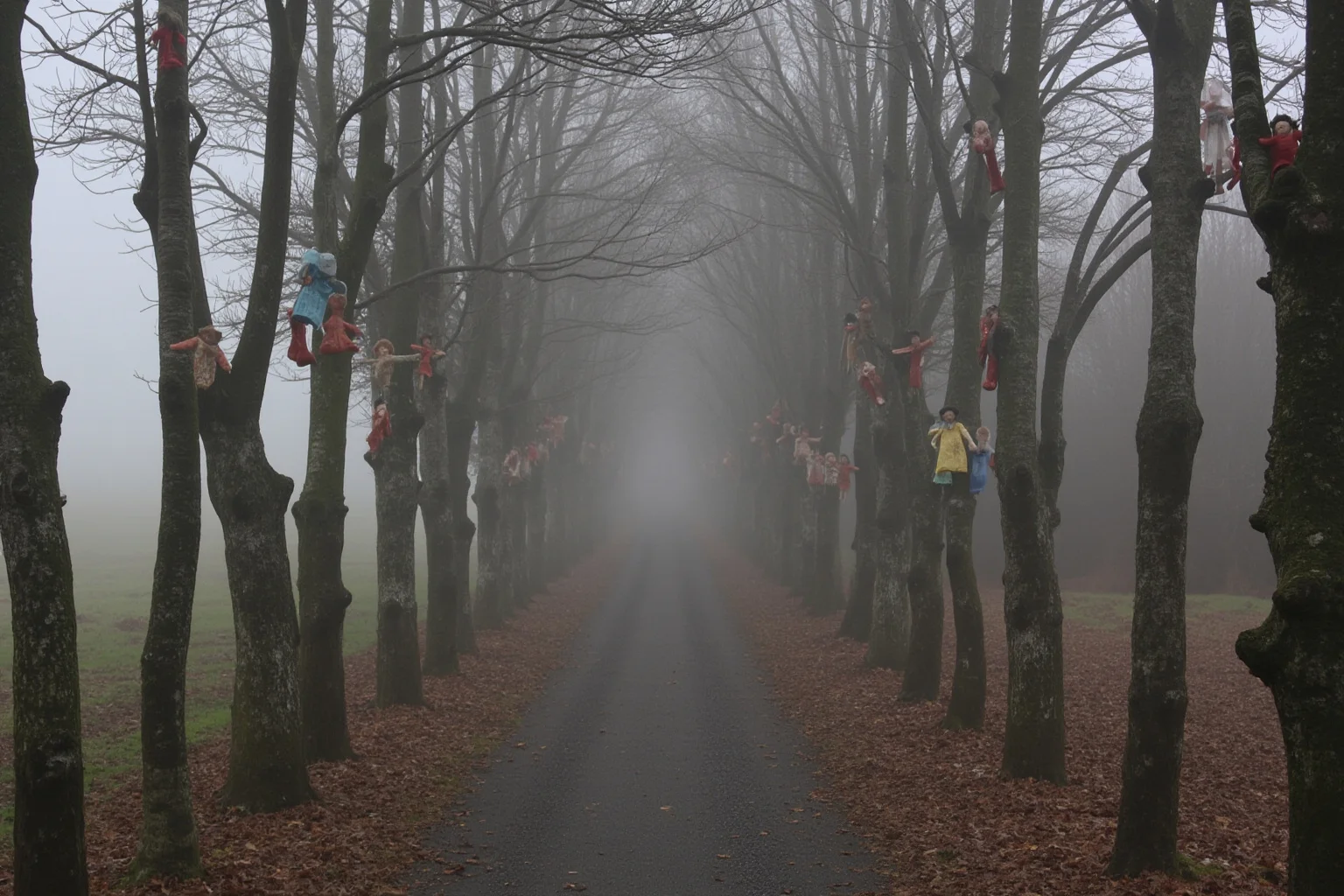 A misty island pathway lined with weathered dolls hanging from bare tree branches