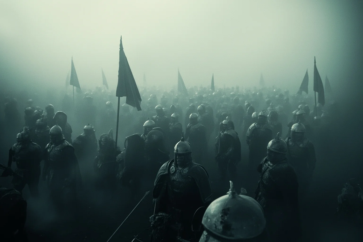 Memorable Moments Of Friendly Fire Throughout History 3 A misty medieval battlefield with armored soldiers in fog, banners barely visible, historical illustration style