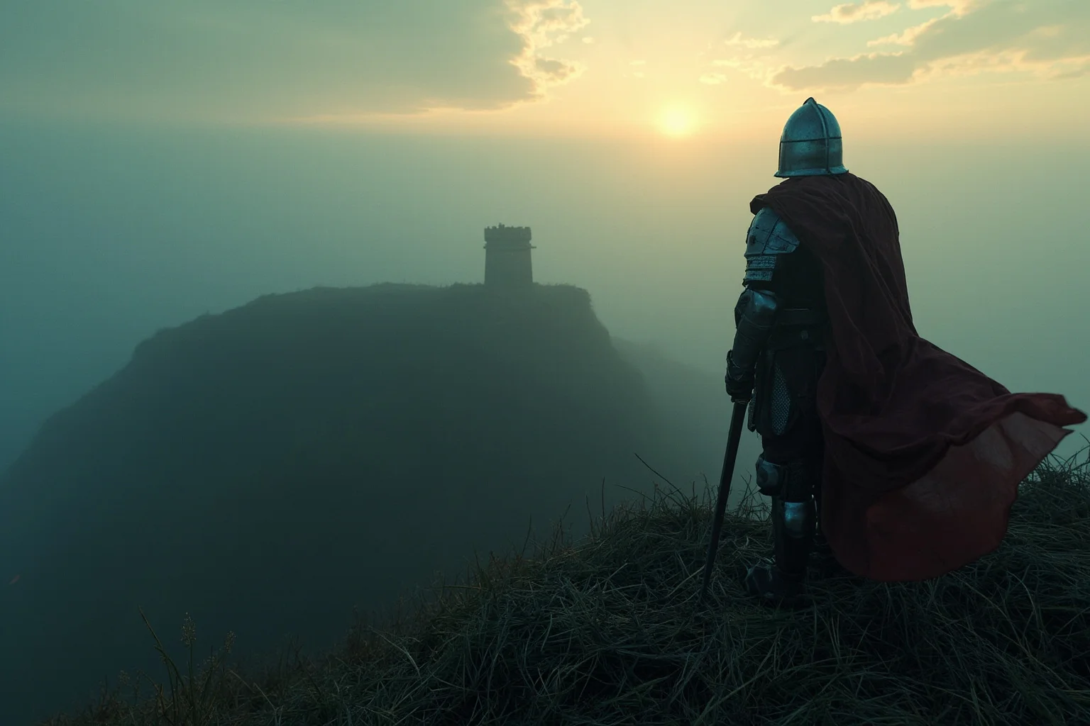 Myths That Defined Cultures: 20 Legends Born From True Events 4 A misty medieval British hillfort with a lone armored warrior standing watch at dawn