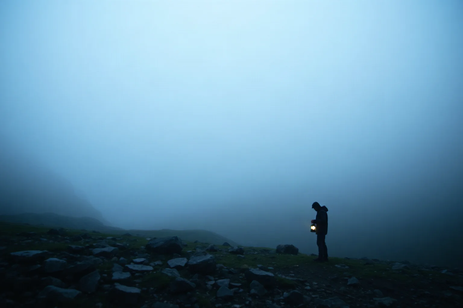 A misty Norwegian valley with rocky terrain and a solitary investigator's lantern light