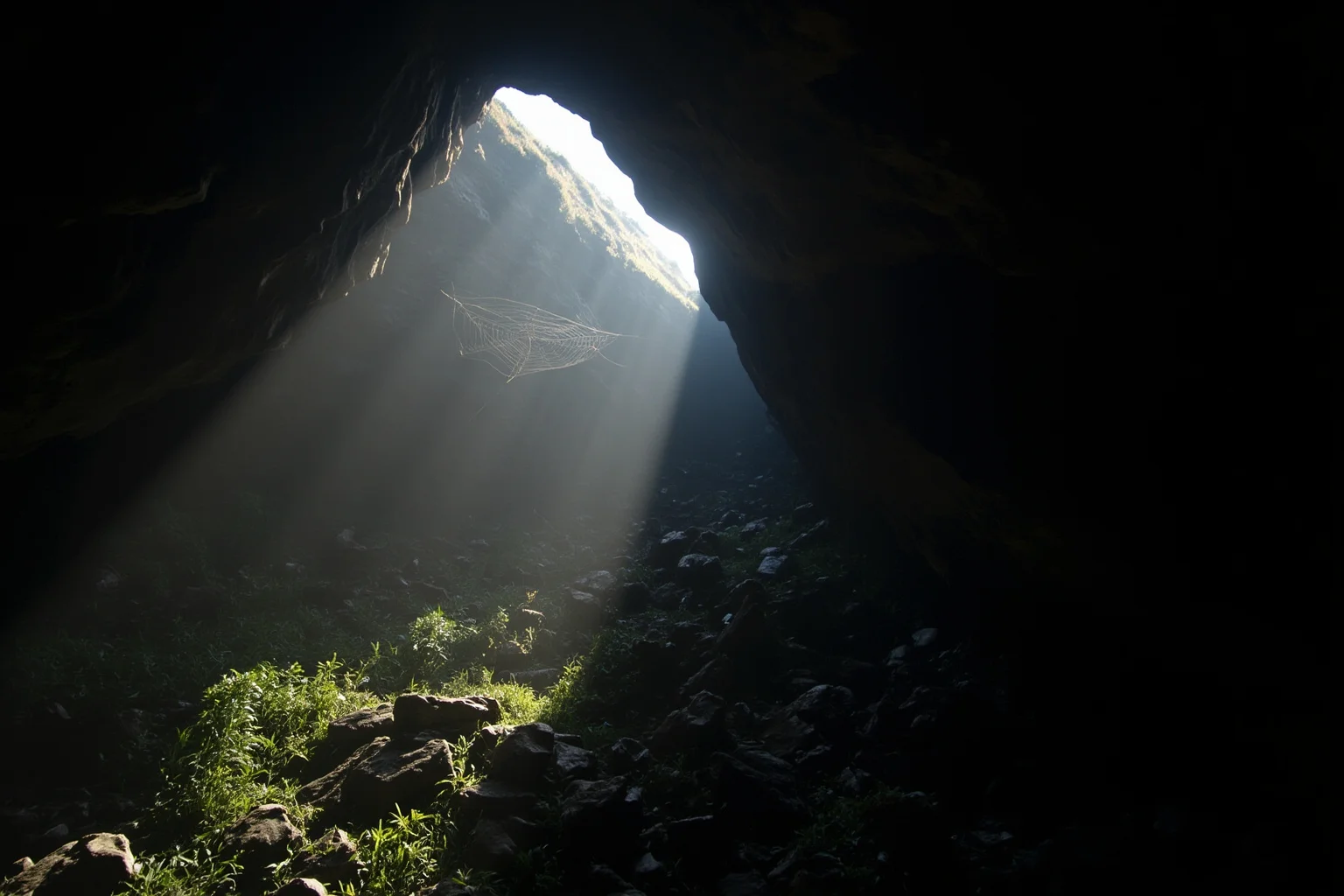 22 of the Greatest Comeback Stories in History 9 A misty Scottish highland cave entrance with a spider's web glistening in a shaft of light