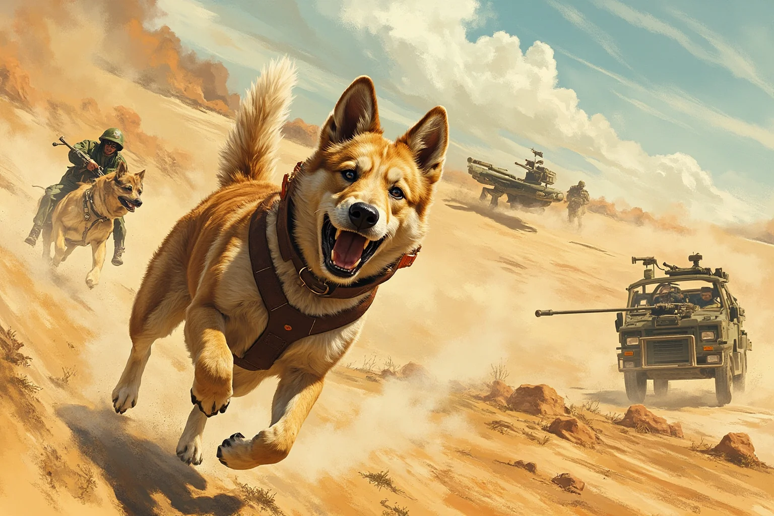 22 Animal Heroes Who Changed Human History 10 A mixed-breed dog charging toward an enemy position in a WWII desert battlefield, illustrative style