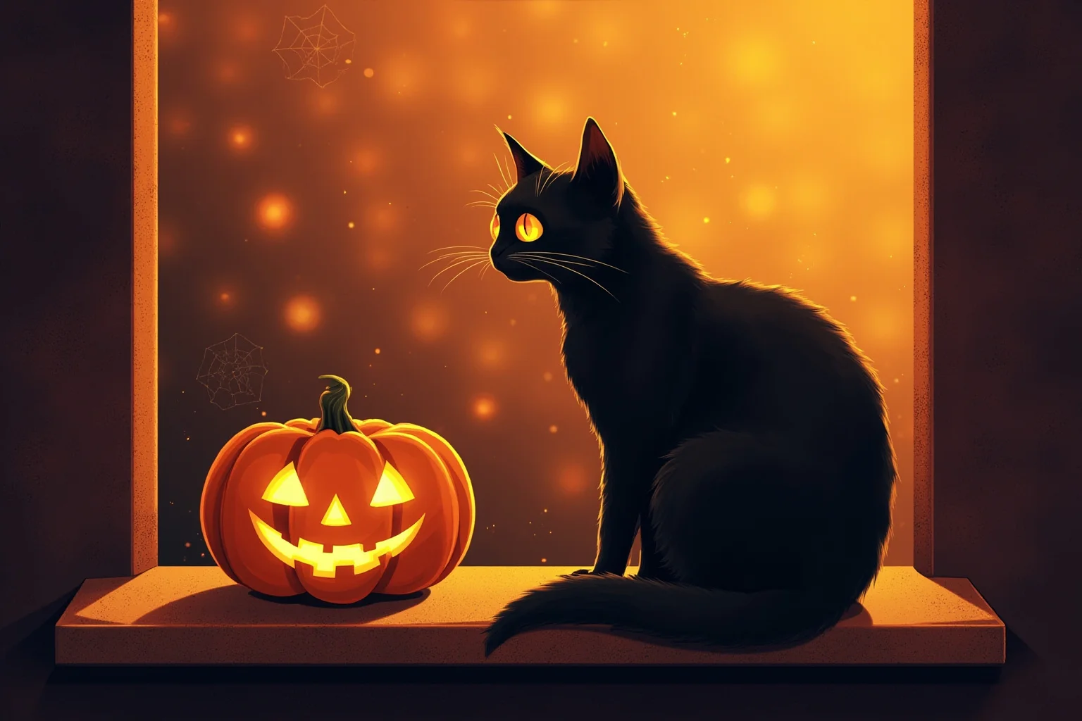 Familiars: The Long, Strange History of the Witch's Animal Companion 23 A modern black cat sitting on a windowsill beside a glowing jack-o-lantern, warm autumn Halloween illustration