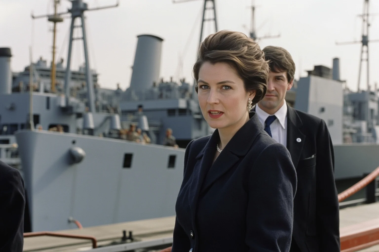Wars Started By Women: The Rebel Queens Who Changed History 23 A modern British female prime minister in a formal suit walking past naval ships during a tense wartime briefing, 1980s setting