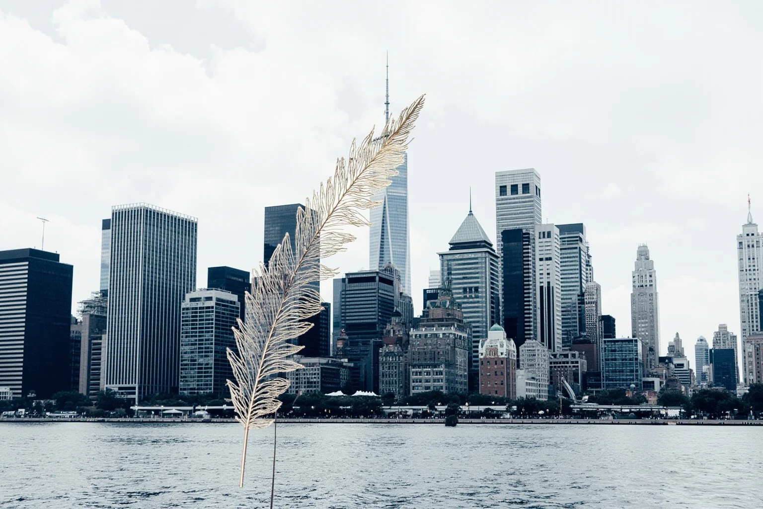 A modern city skyline with a small feather or beadwork motif subtly integrated, symbolizing Native Americans in contemporary life