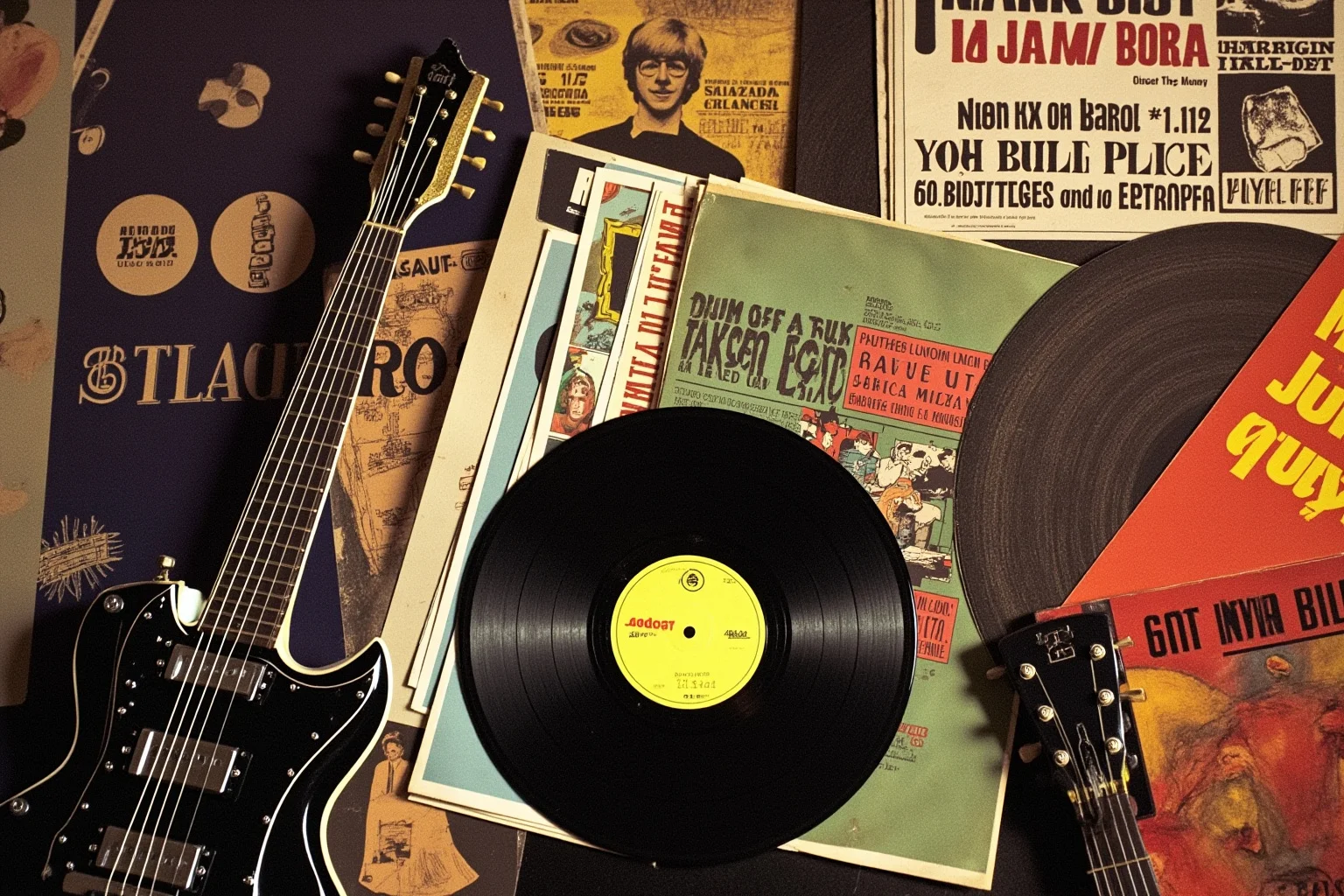 A modern collage of vintage records, a guitar, and old concert posters symbolizing lasting musical legacy