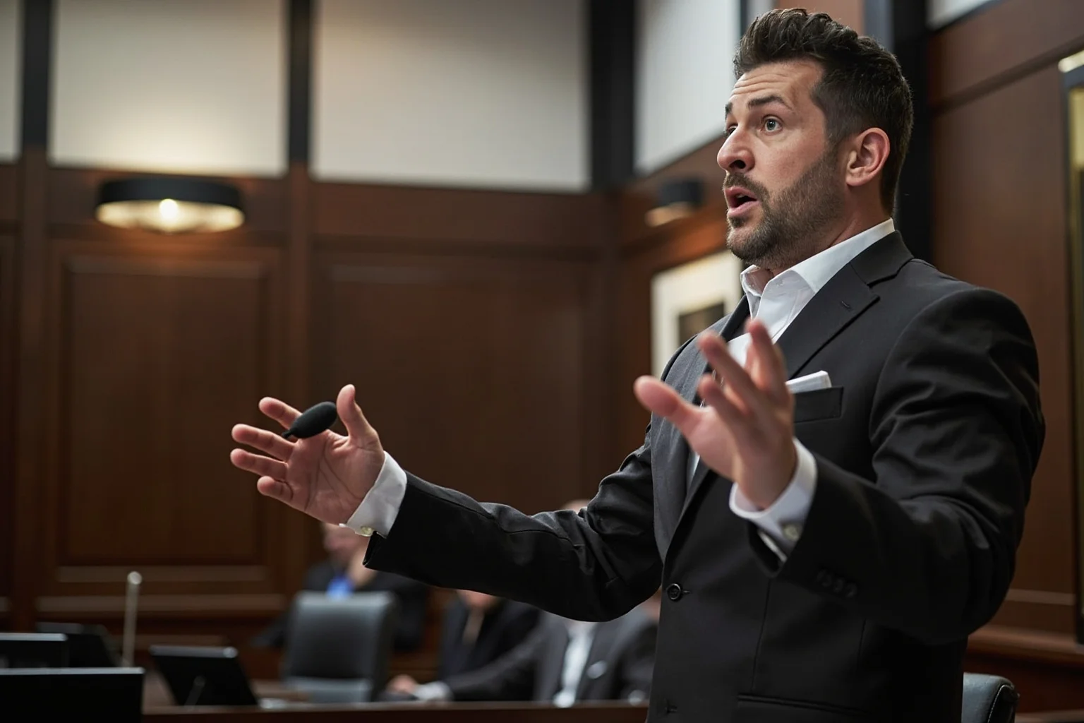 A modern courtroom or legal setting with a psychologist presenting testimony about eyewitness memory and evidence