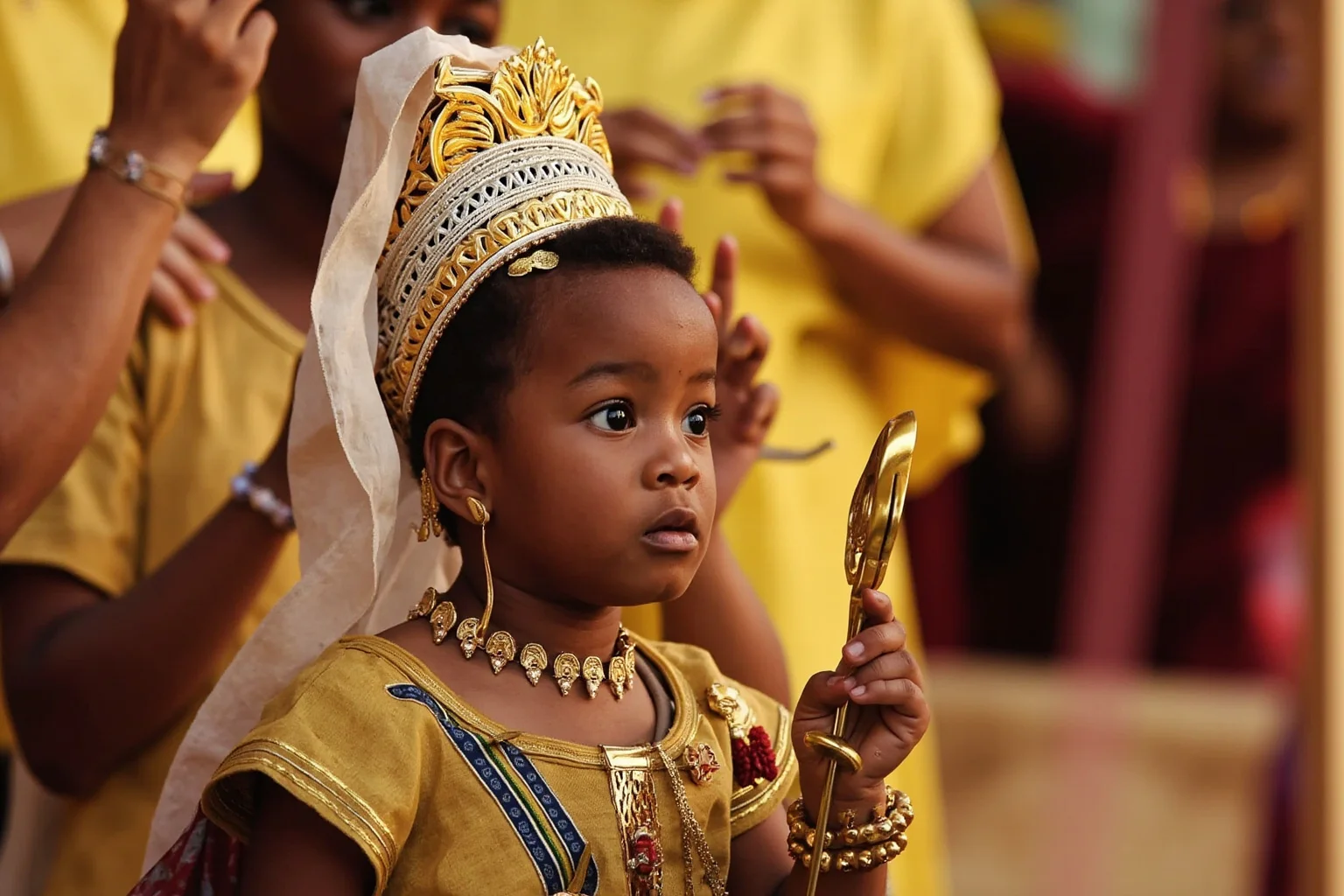 A modern East African royal ceremony with a young child in traditional kingdom regalia surrounded by attendants, warm illustrative style