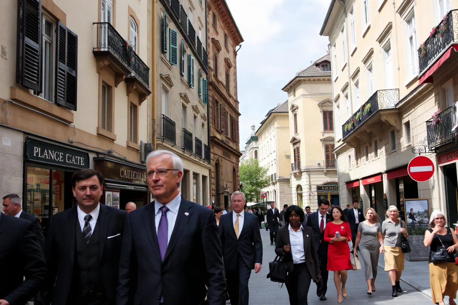 A modern European city street with well-dressed pedestrians, symbolizing everyday descendants of nobility