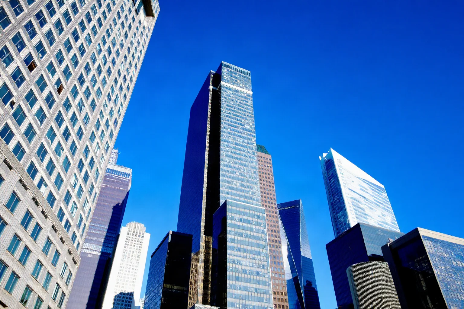 A modern financial district skyline with glass skyscrapers