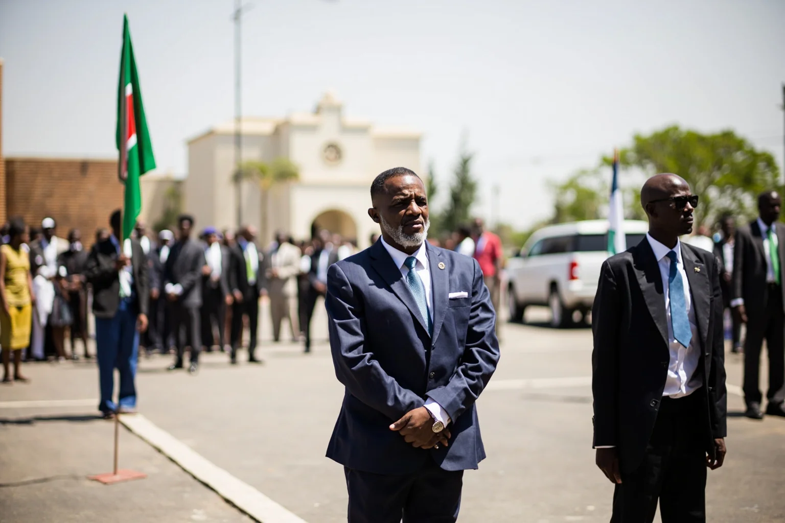 A modern flag-raising ceremony in an open plaza symbolizing a newly independent nation, South Sudan style