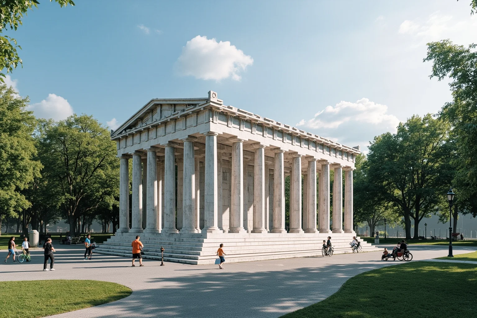 A modern full-scale replica of an ancient Greek marble temple standing in a public park setting