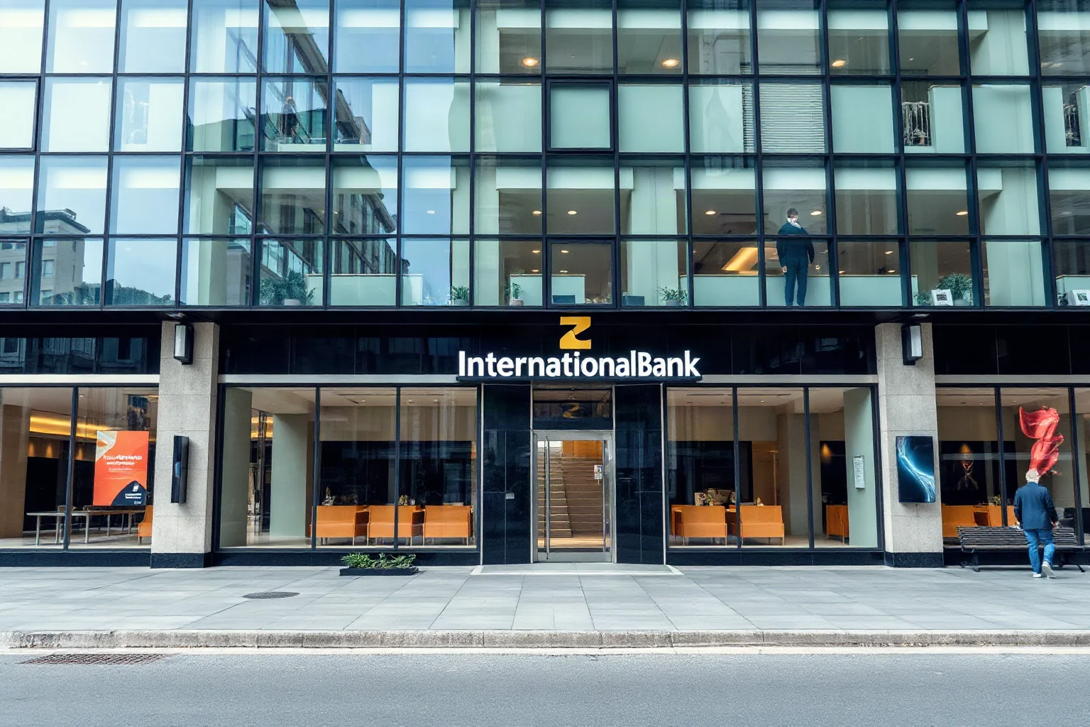 A modern glass office building facade representing a contemporary international bank