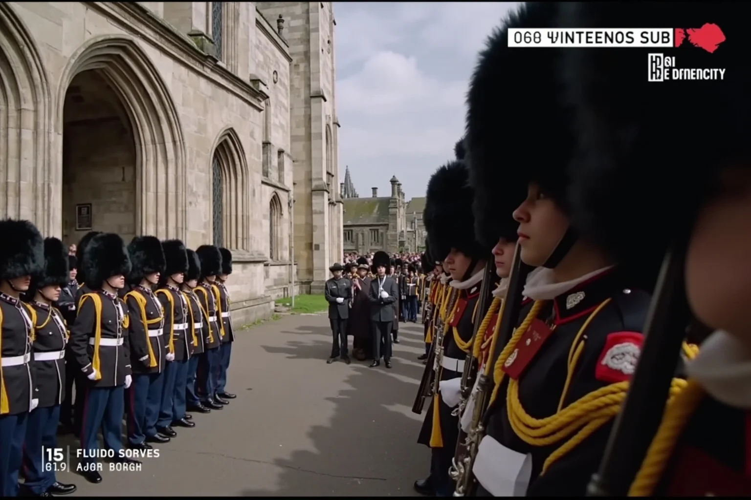 Most Important Historical Events Televised Live 23 A modern high-definition TV broadcast showing a grand funeral procession outside a historic abbey with uniformed guards