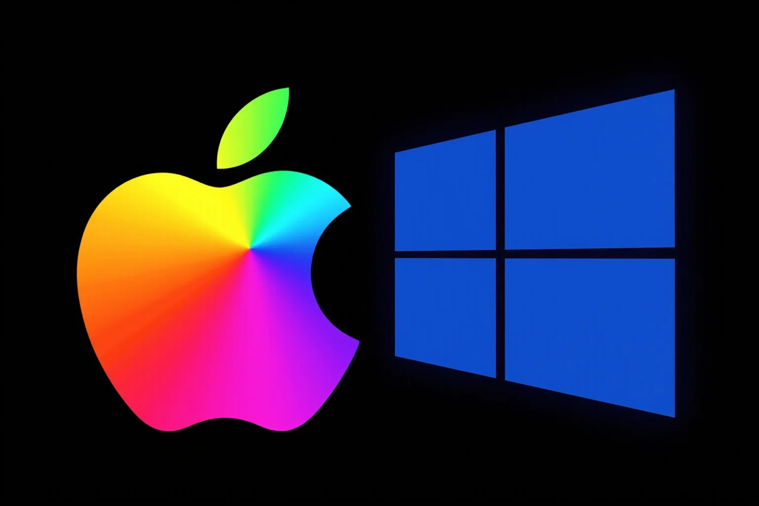 Historical Figures That Were Shockingly Born In The Same Year 15 A modern minimalist illustration of two competing tech company logos rendered abstractly, like a rainbow apple shape and a colorful window shape, facing off