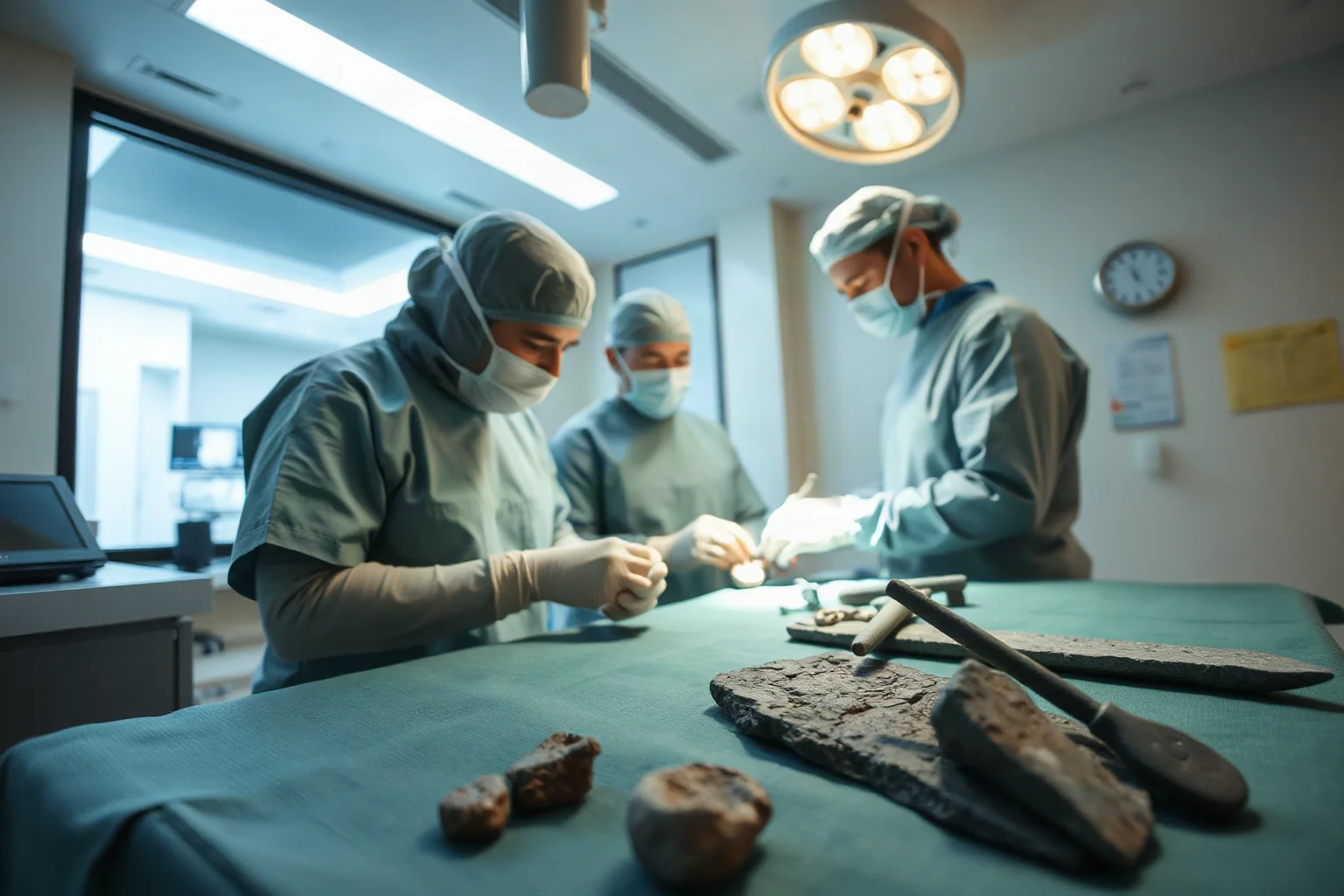 A modern operating room scene showing a neurosurgical team performing a precise, sterile burr hole procedure, contrasted subtly with ancient stone tools laid nearby as a historical echo