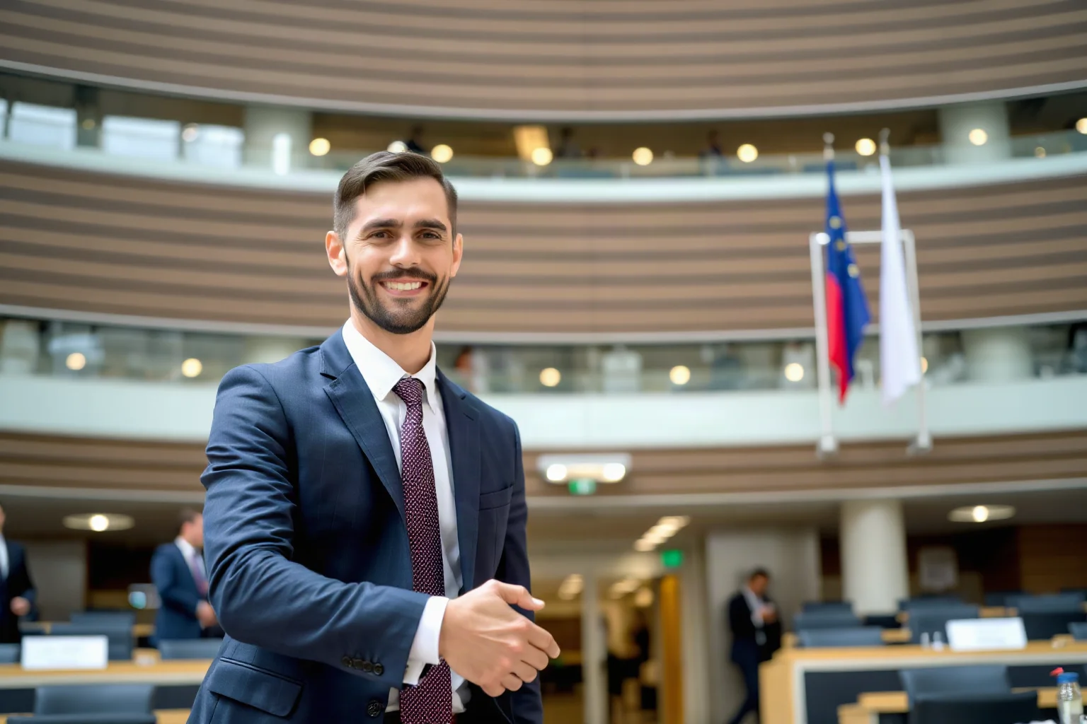 A modern professional in a business suit shaking hands at a European parliament building