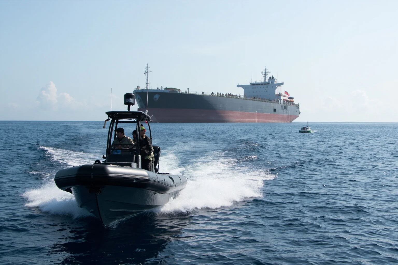 A modern small speedboat with armed figures approaching a large cargo ship at sea