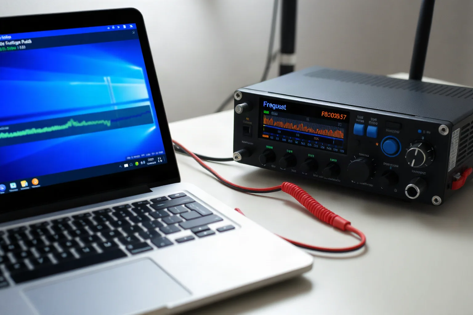 A modern software-defined radio device connected to a laptop displaying a frequency waterfall