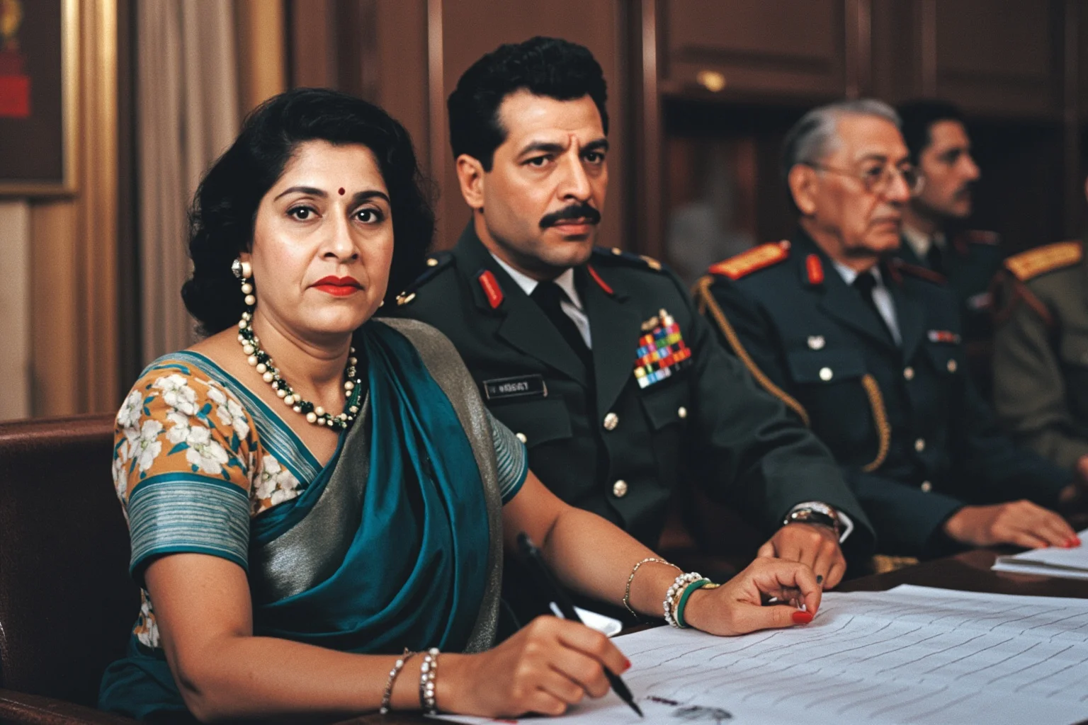 Wars Started By Women: The Rebel Queens Who Changed History 22 A modern South Asian female prime minister in a formal sari reviewing military plans with generals in a 1970s government office