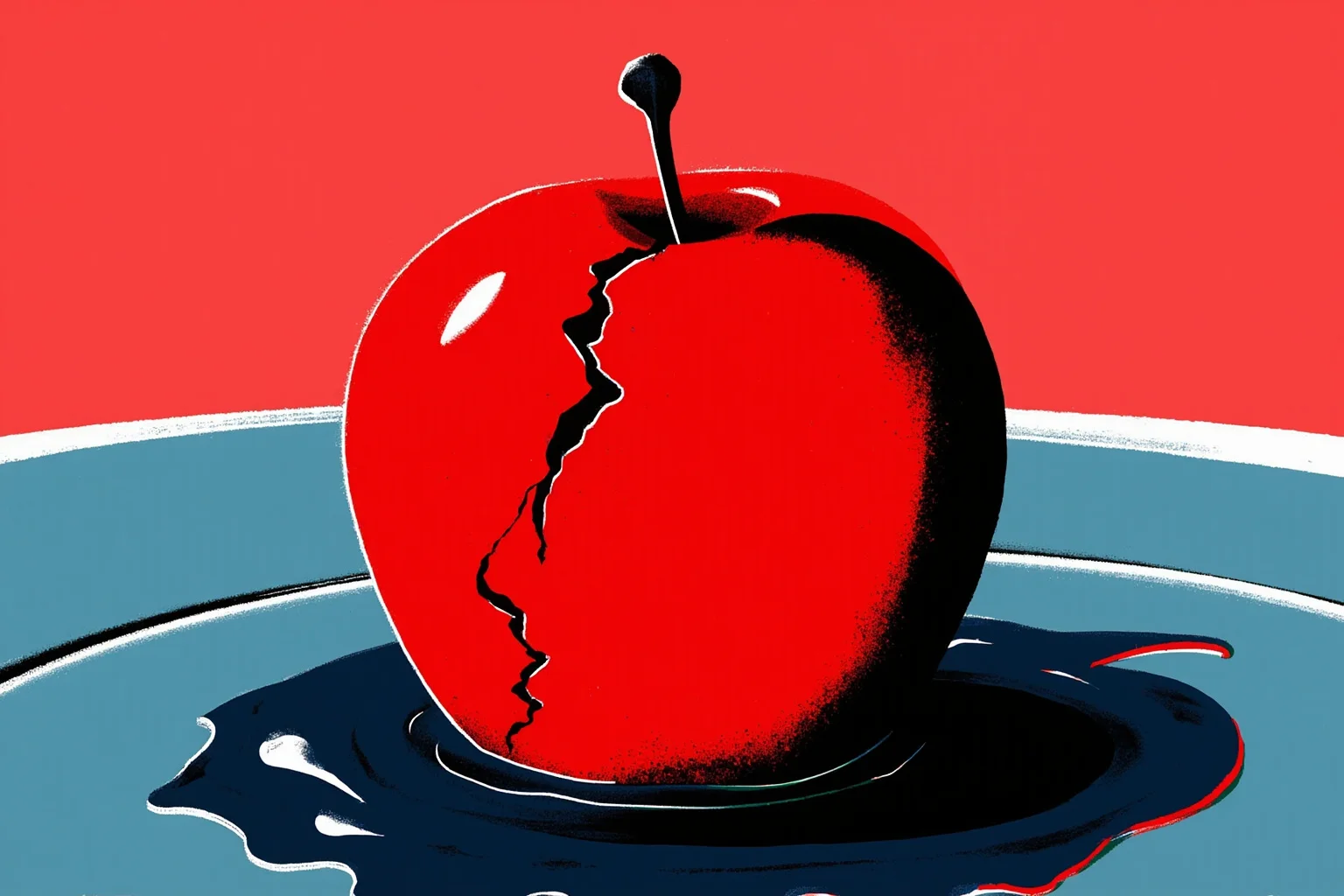 The Strange History Of The Poison Apple 23 A modern stylized poster illustration of a glossy red apple with a subtle crack revealing dark liquid inside