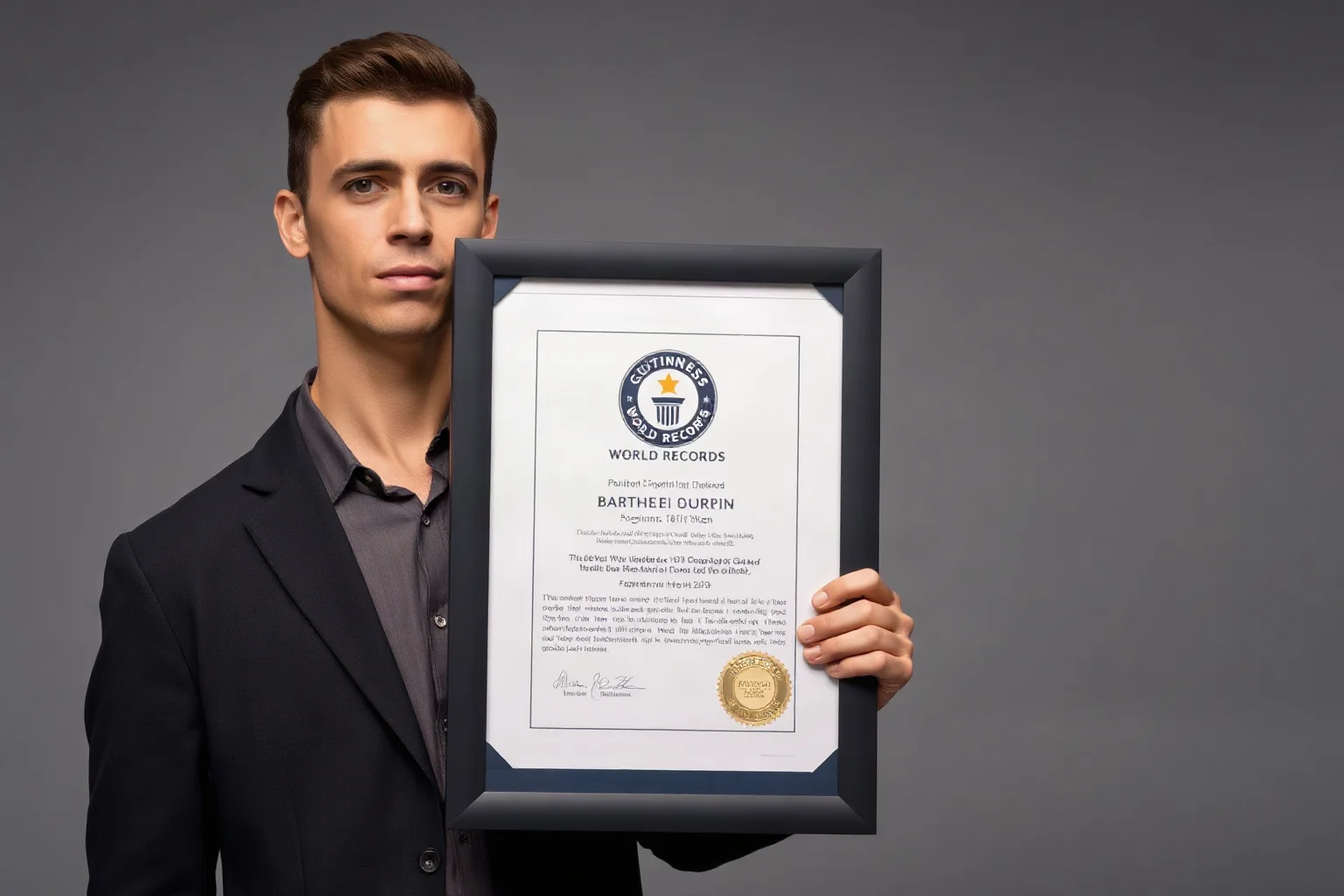 A modern tall man from Turkey holding Guinness World Records certificate, post-surgical treatment evident