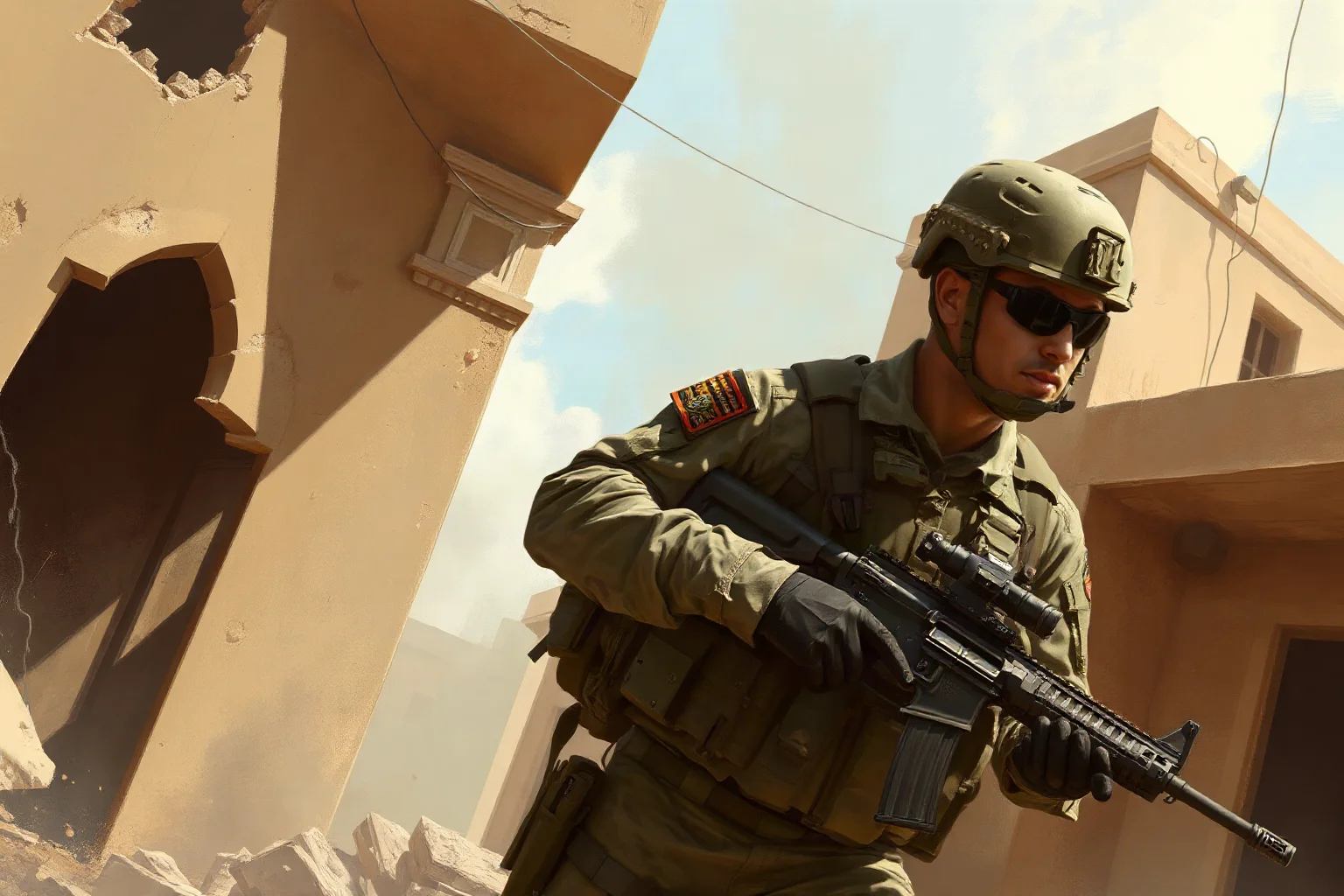 A modern U.S. Army staff sergeant clearing a war-torn urban building in Iraq, illustrative painting style, gritty realistic tone, no visible face detail