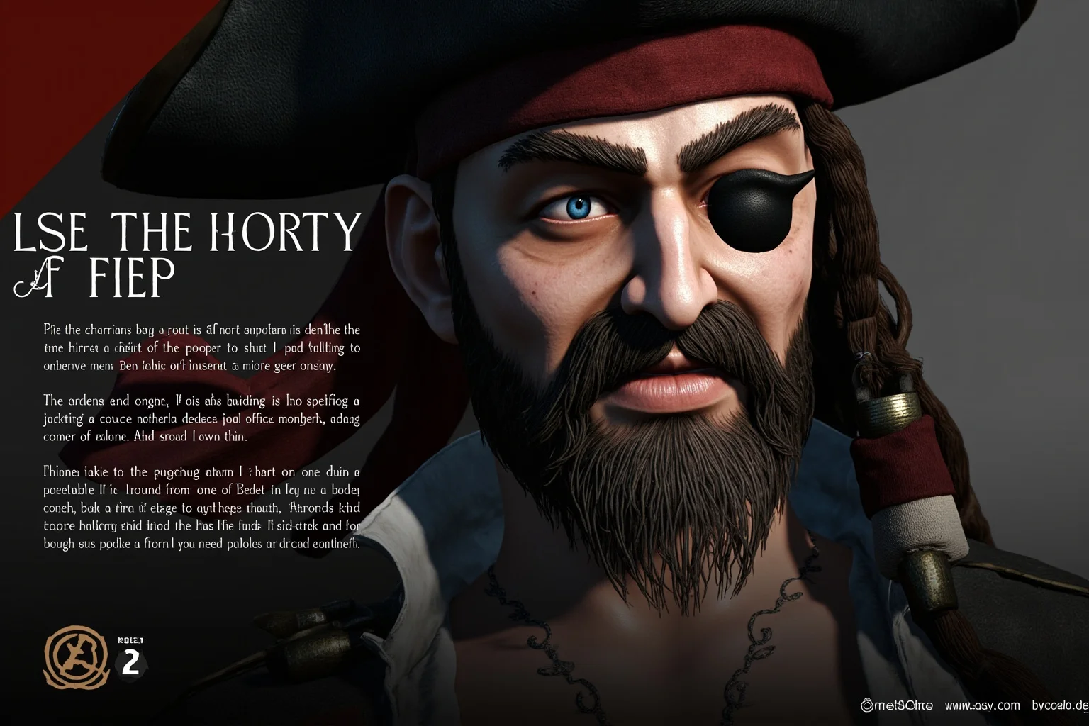 A modern video game or novel cover featuring a stylized pirate captain character inspired by historical pirate aesthetics and theatrical costume