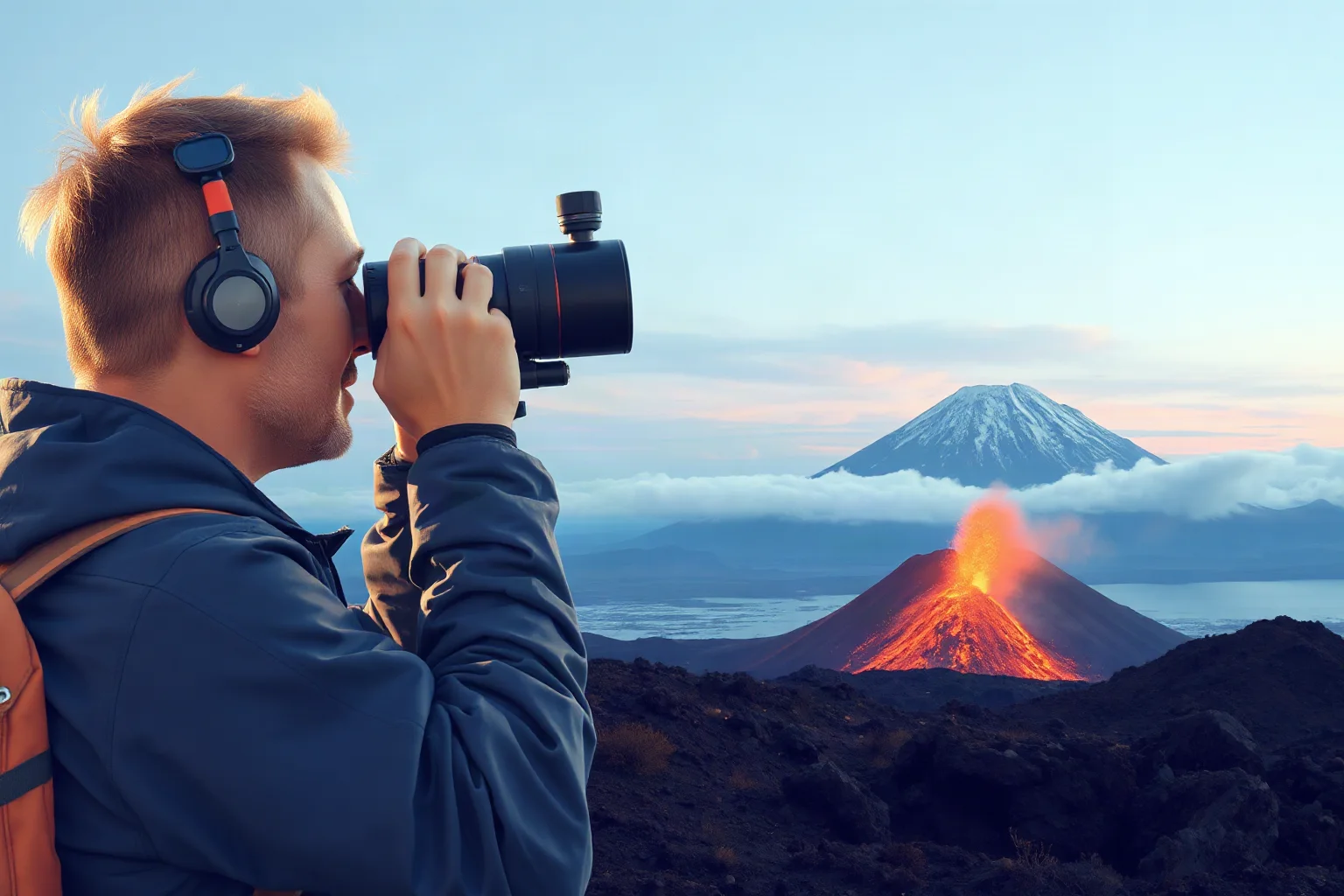 A modern volcanologist observing a distant active volcano through binoculars with monitoring equipment in the foreground, contemporary illustration