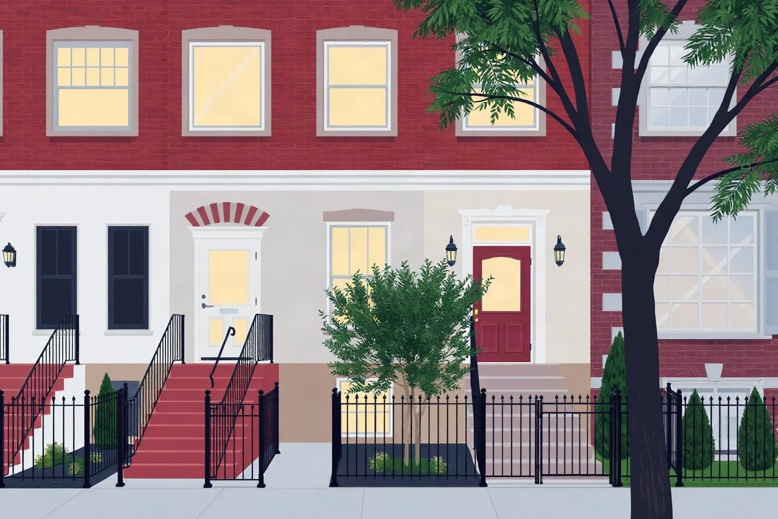 A modern Washington D.C. townhouse exterior, subtle tension in composition, contemporary illustration
