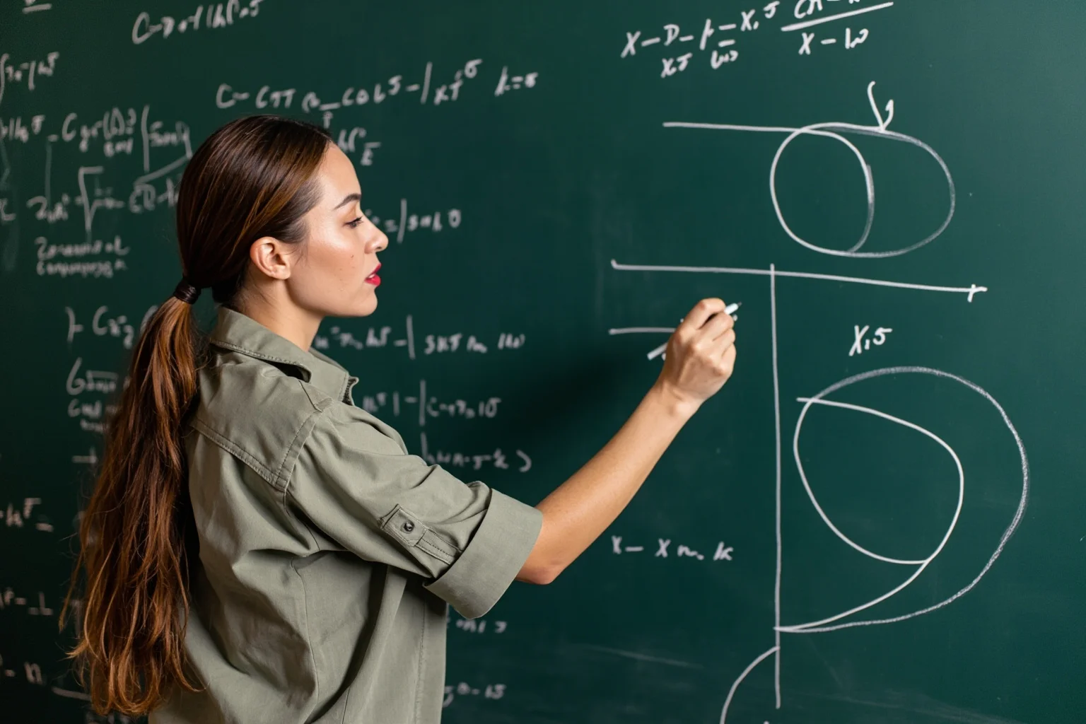 A modern woman mathematician sketching curved geometric surfaces on a chalkboard filled with equations, illustrative style