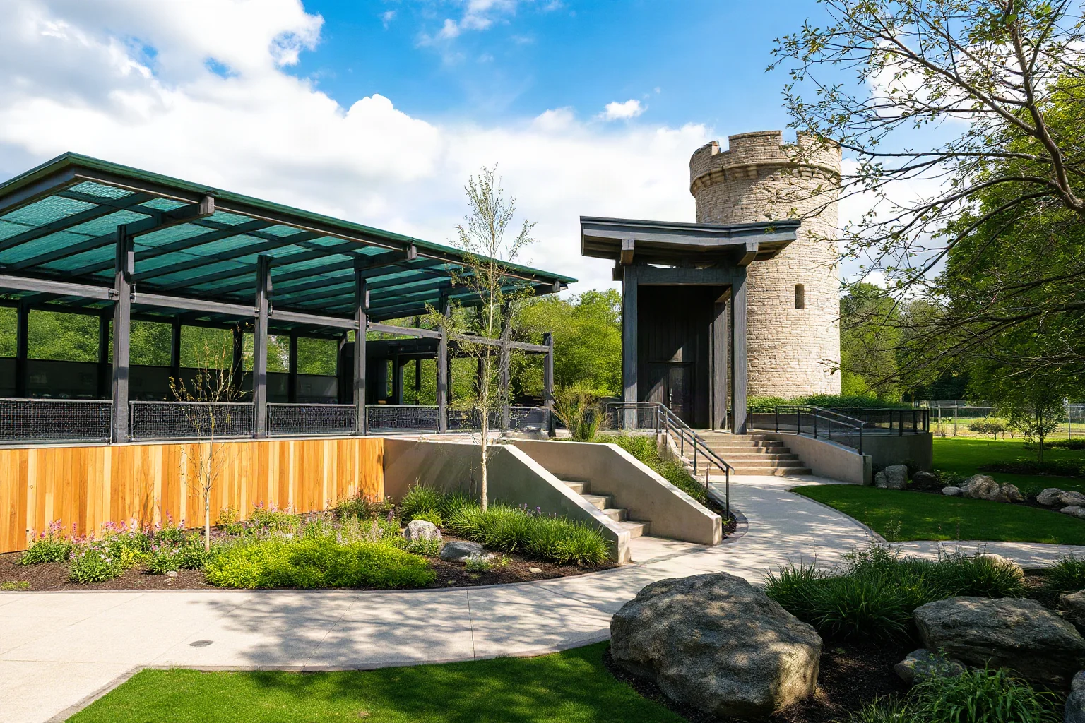 A modern zoo enclosure with natural landscaping bathed in daylight, contrasted subtly against a faint ghostly outline of an old stone menagerie tower