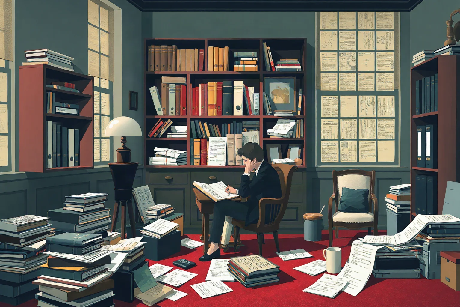 A modernist writer in a 1920s London study surrounded by scattered papers and books, illustrative style