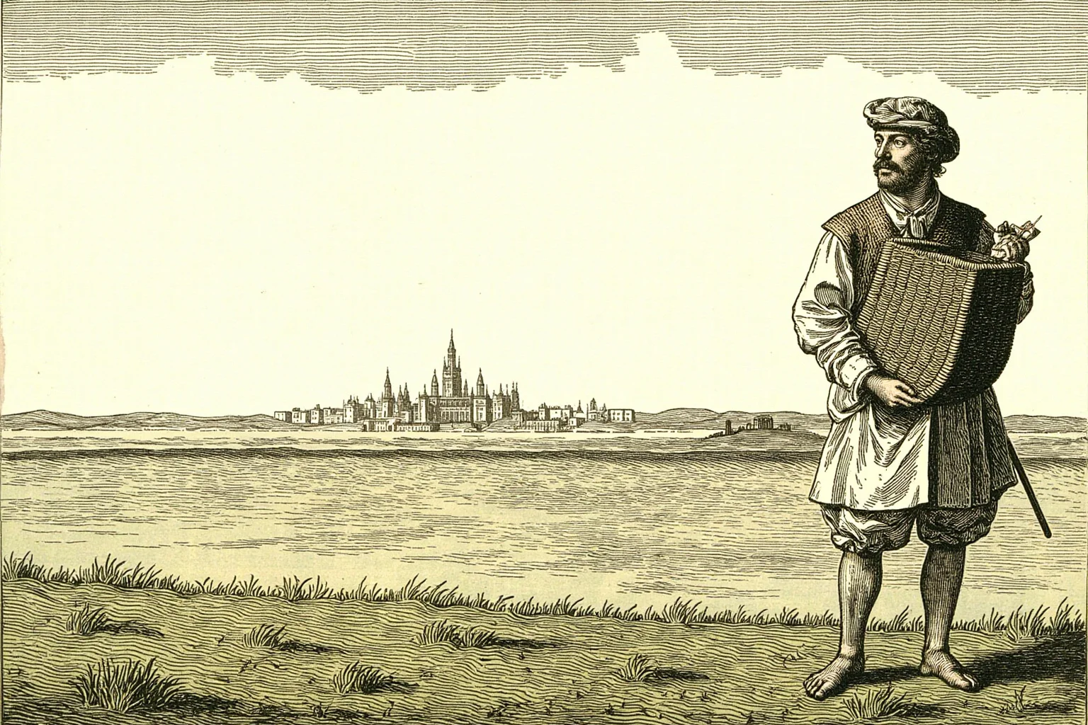 Great Leaders Who Rose From Obscurity 9 A modest 17th-century English farmer standing in a field with a distant parliament building on the horizon, illustration style