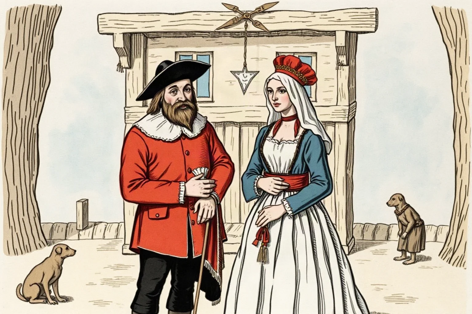 A modest 17th-century wedding scene between an English colonist and an Indigenous woman in formal dress, historical illustration