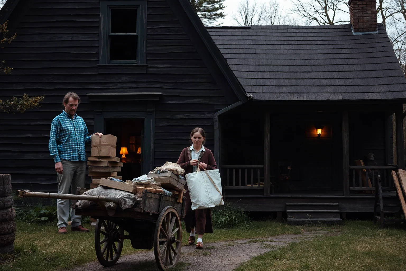 A modest 19th-century American farmhouse with a family packing belongings onto a cart, warm but somber lighting