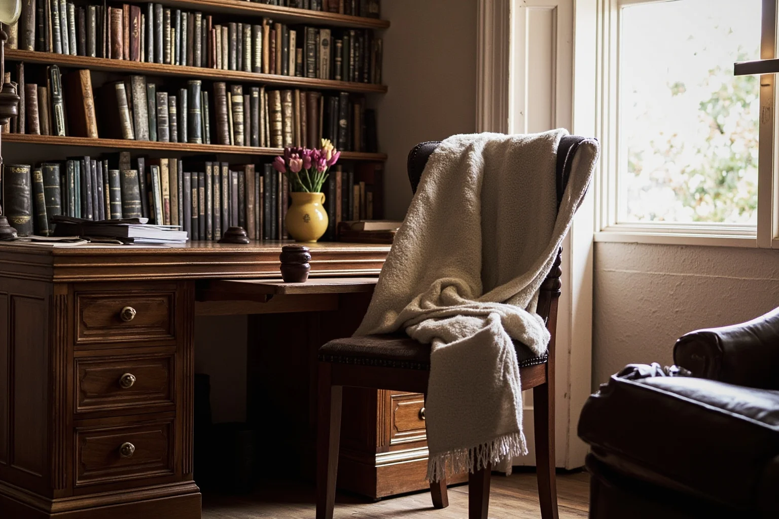 A modest 19th-century London study with books, a writing desk, and a housekeeper's shawl draped on a chair