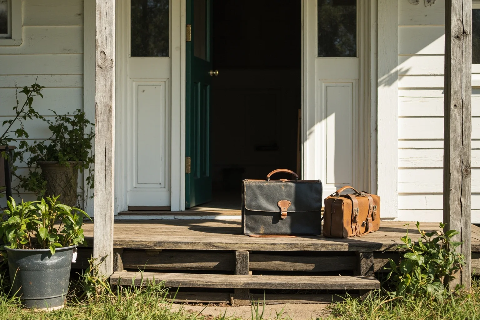 A modest countryside physician's porch with a horse tied outside and medical satchel resting on the steps