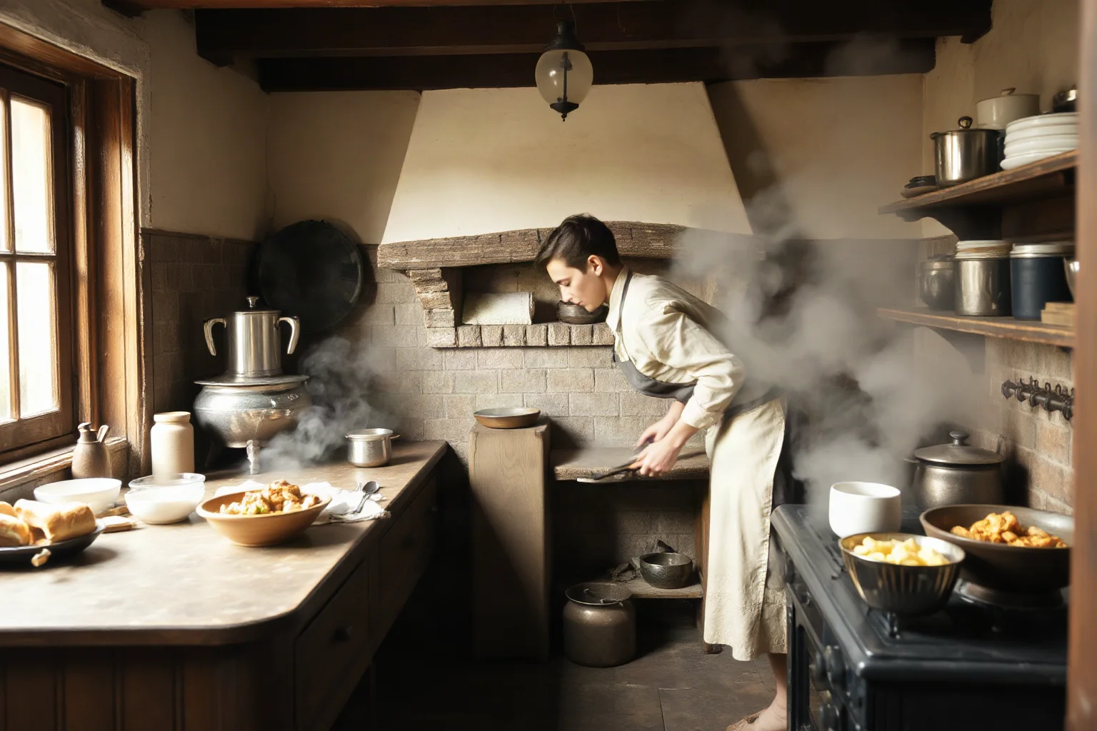 A modest early-1900s household kitchen with a cook preparing a meal, steam rising from pots on a stove