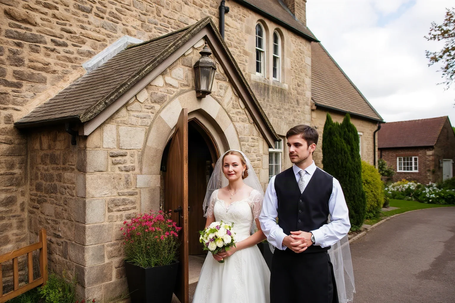 A modest Elizabethan wedding scene outside a small stone church, with a young couple in period clothing