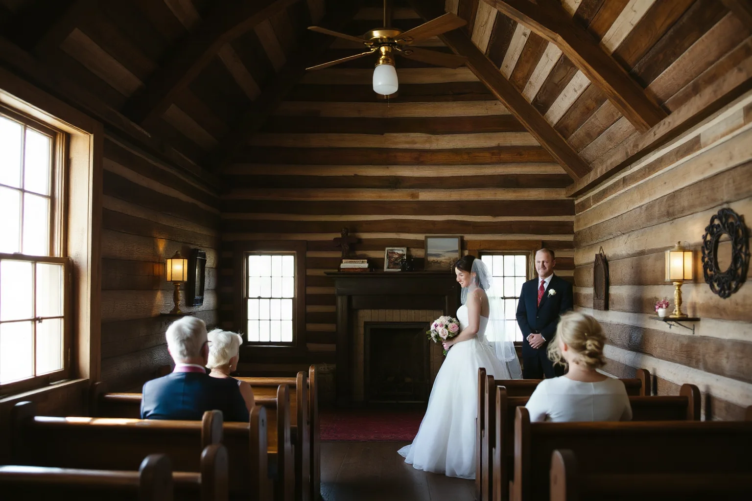 A modest frontier wedding scene inside a small 1870s wooden church