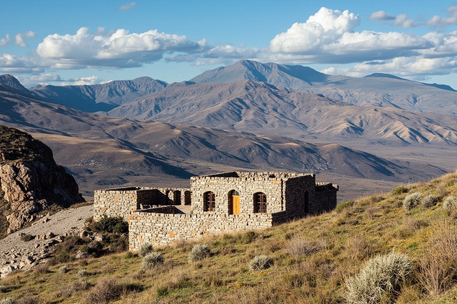 A modest mountain kingdom's royal residence surrounded by highlands, representing Lesotho