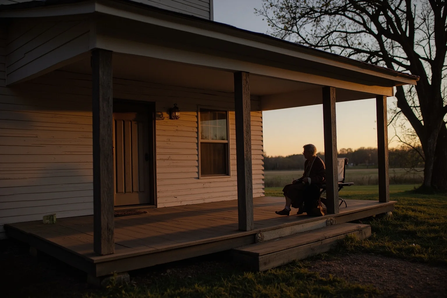 A modest rural Southern porch with a grandmother and child sitting together at dusk, evoking a hardworking upbringing